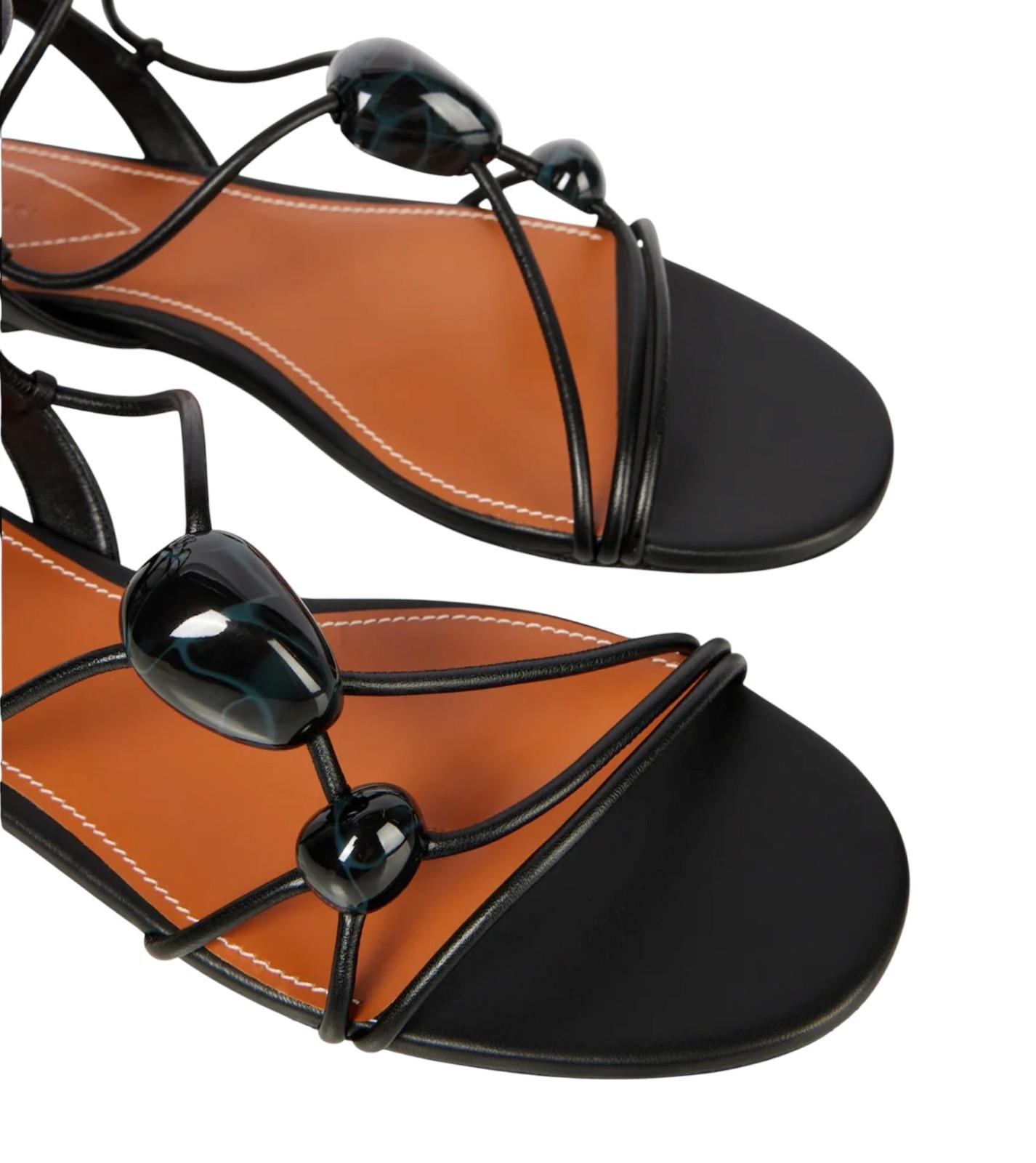 Zimmermann Gleam Sandal | Black, Flat Ankle Tie, Gladiator, Pebble Stone Detail