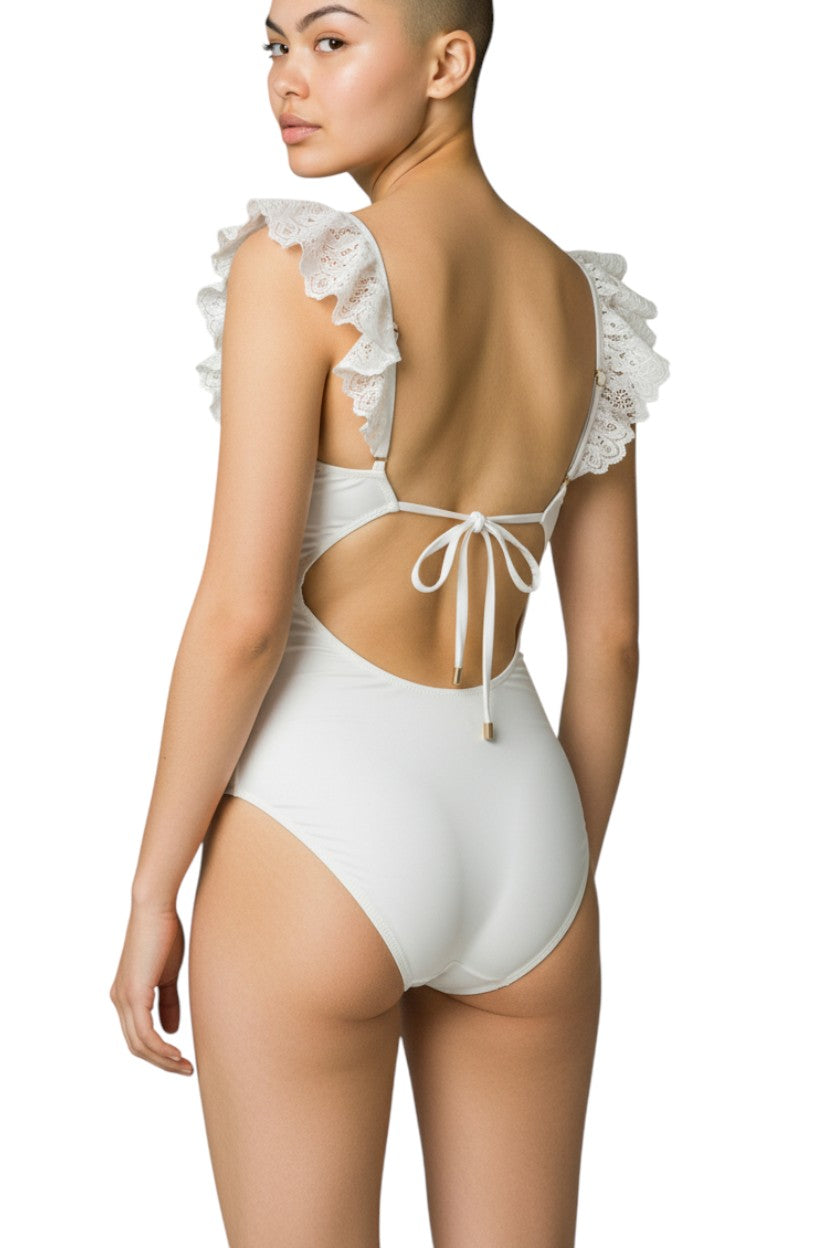 AI generated image of White swimsuit with ruffled straps on a model against a white background