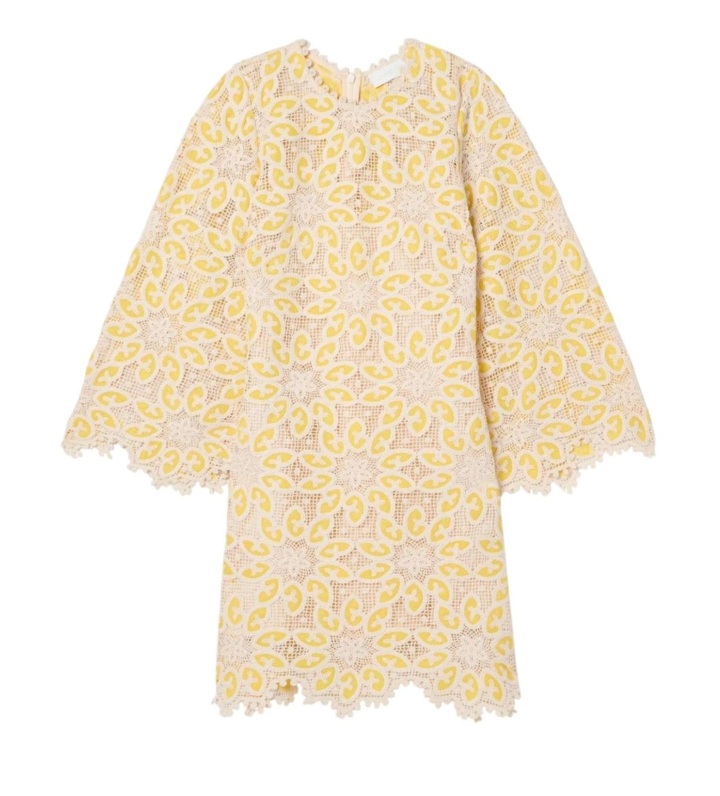 Yellow and beige patterned dress on a white background