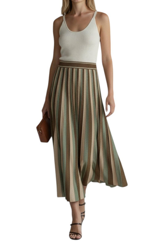 AI generated image of Woman wearing a white tank top and striped skirt on a white background