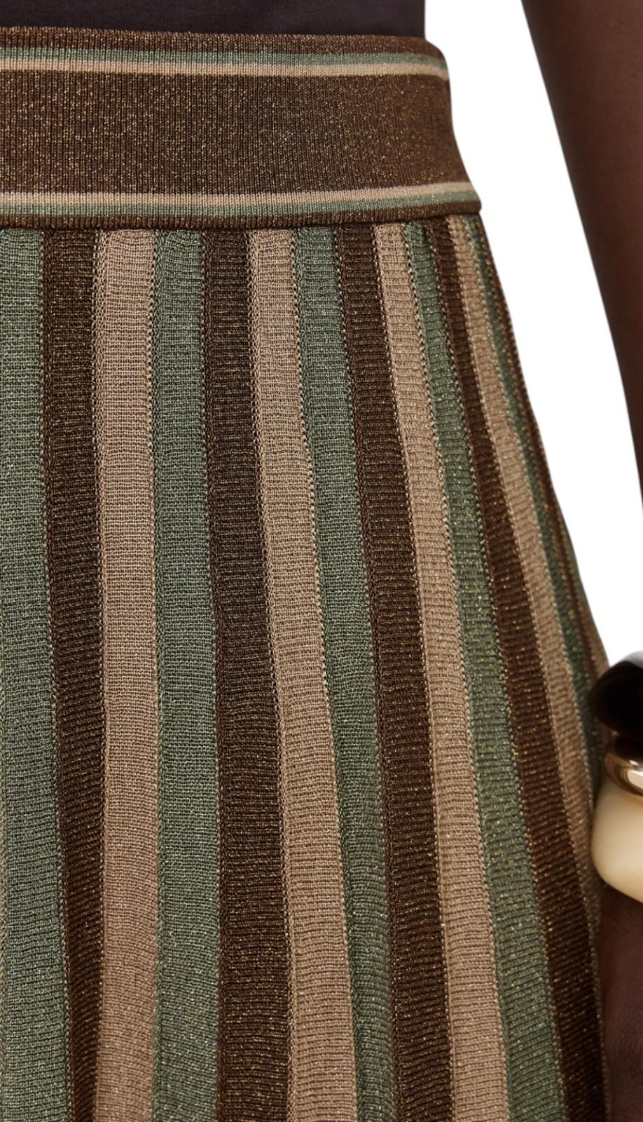 Close-up of a striped skirt with brown and green pattern on a white background