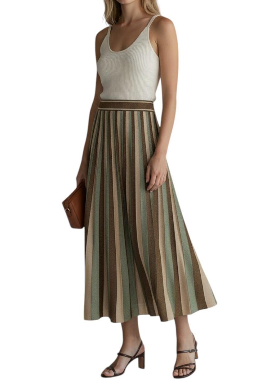 AI generated image of Woman wearing a white tank top and striped skirt with a brown bag on a white background
