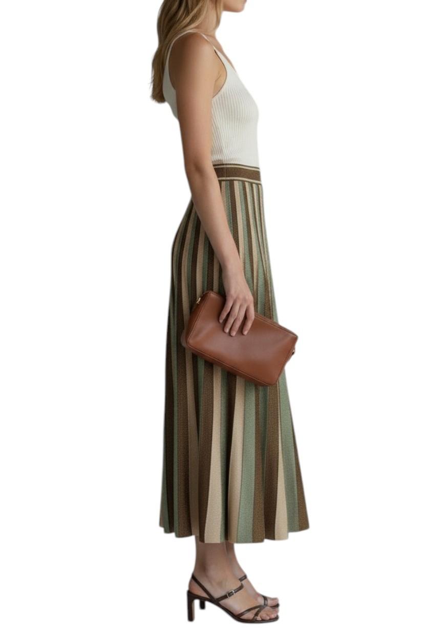 AI generated image of Woman wearing a white top and striped skirt holding a brown clutch on a white background