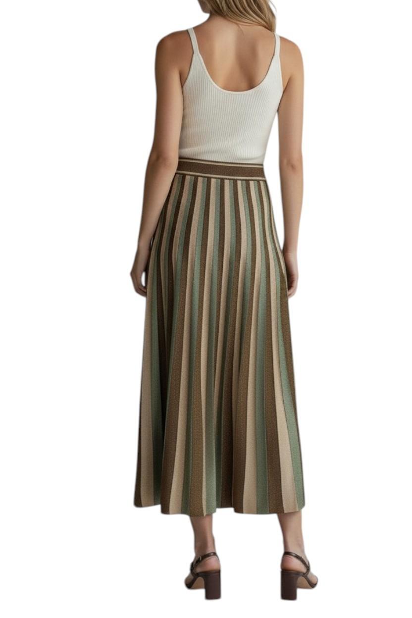 AI generated image of Woman wearing a white tank top and striped skirt on a white background