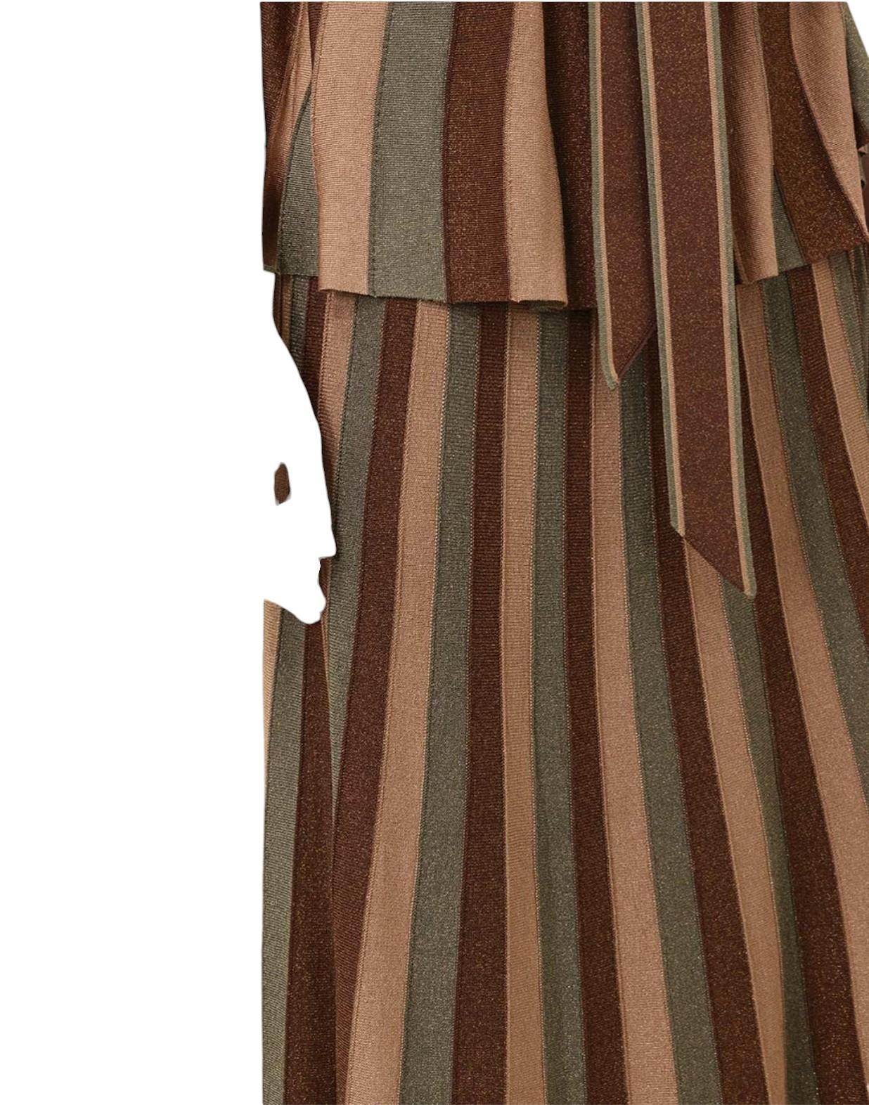 Close-up of a skirt with brown and beige striped pattern on a white background