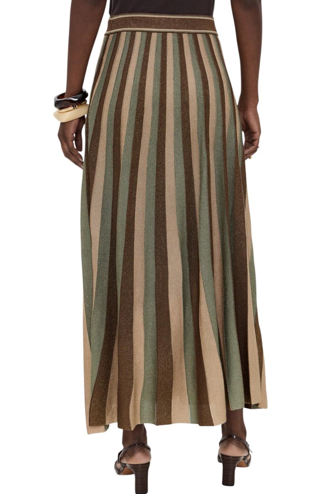 Striped skirt worn by a model on a white background