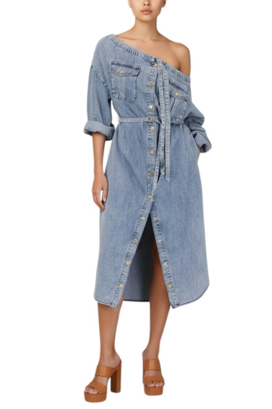 AI geneated image of Denim dress worn by a model on a white background