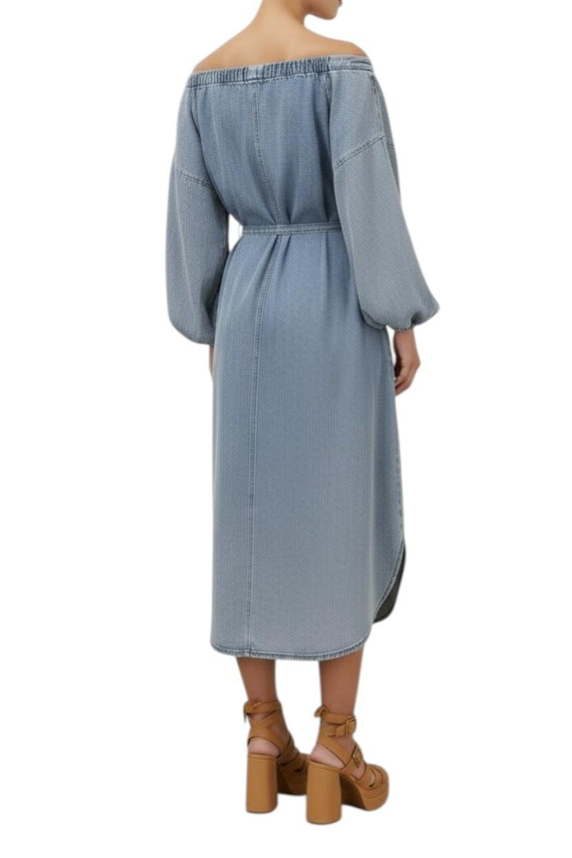 AI generated image of Blue denim off-shoulder dress worn by a person on a white background
