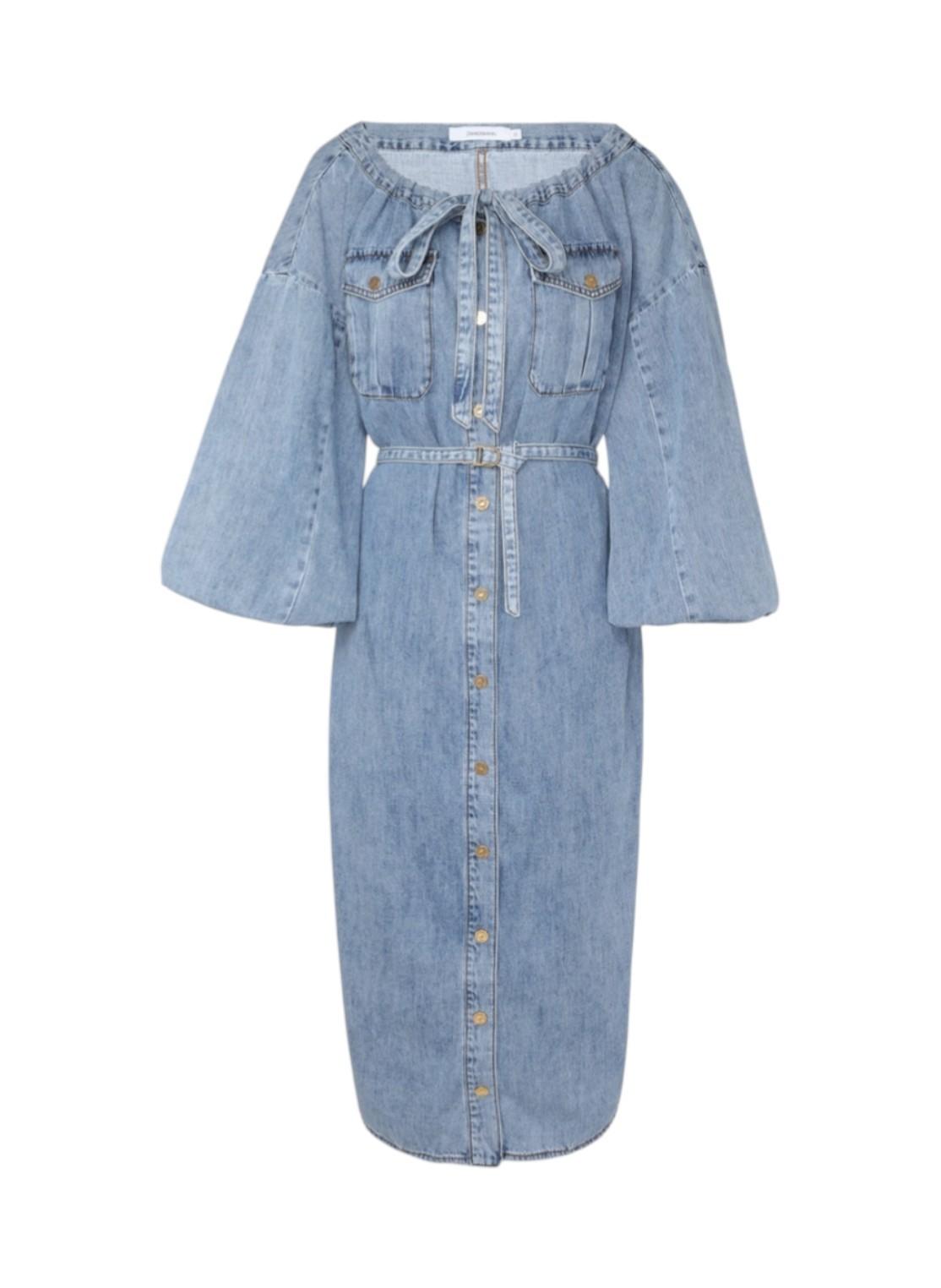 Denim dress with button details on a white background