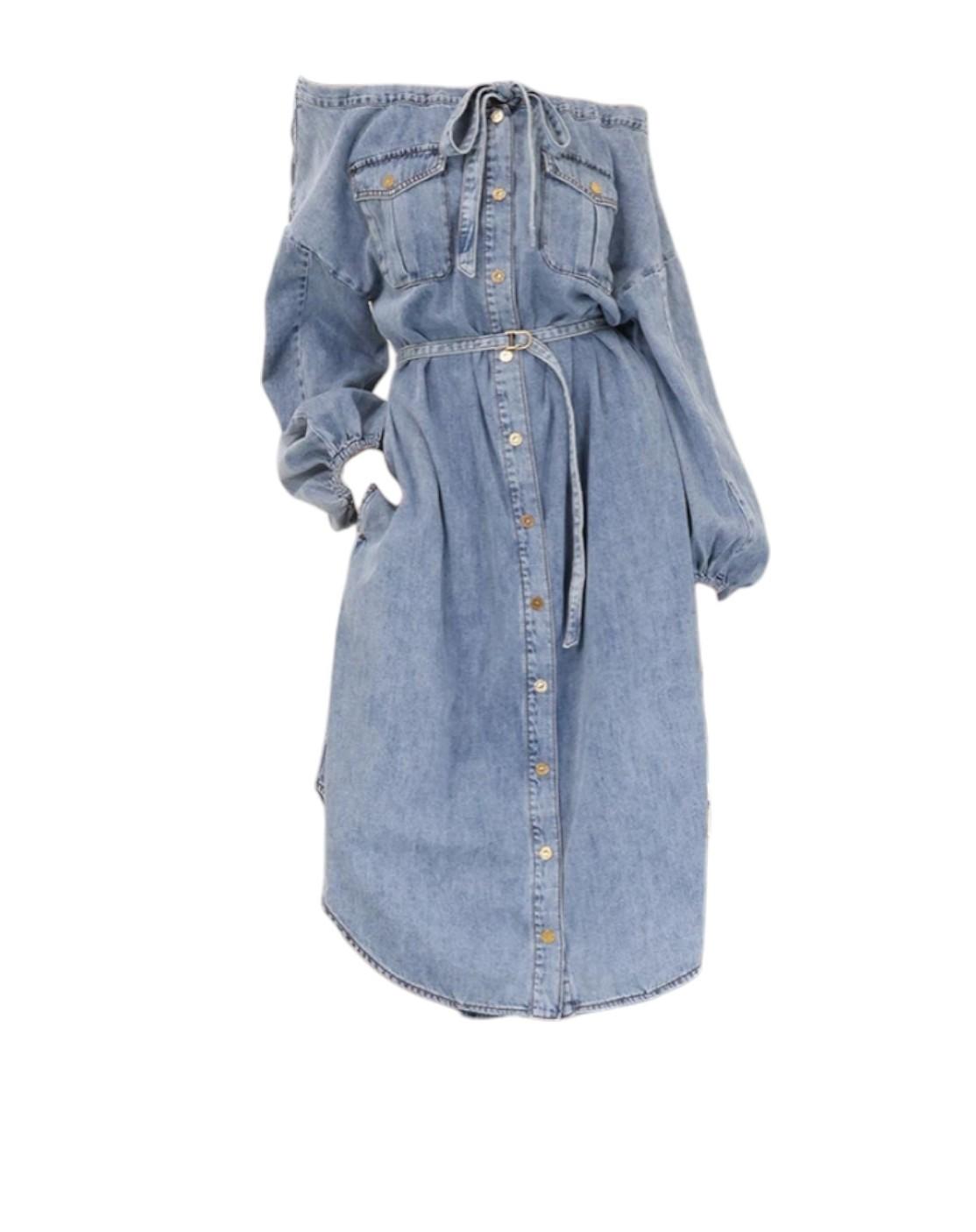 Denim dress with a belt on a white background
