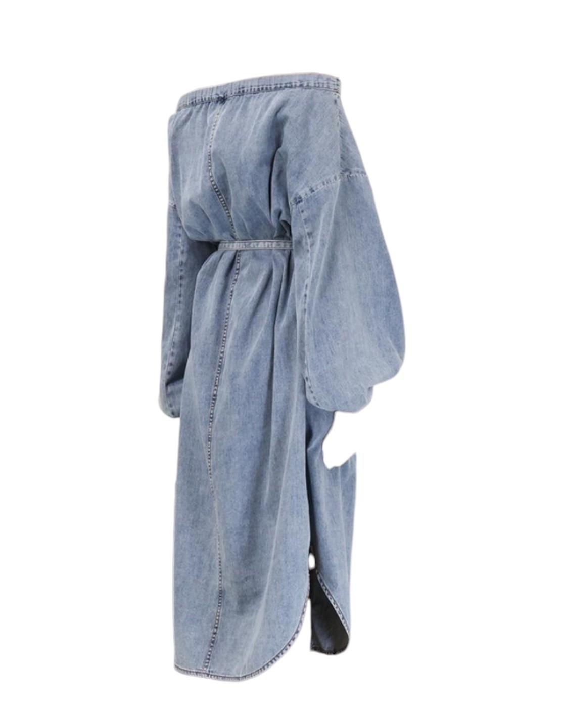 Denim dress with a slit on a white background