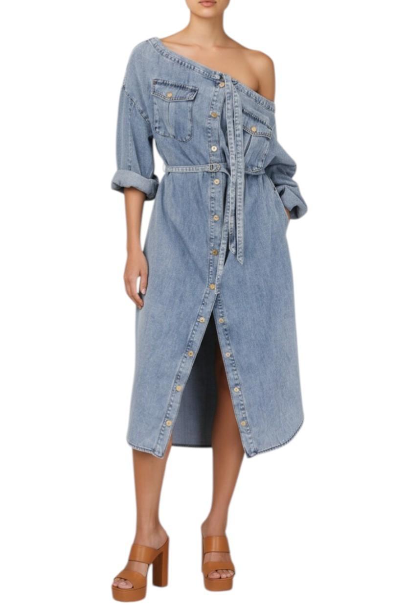 AI generated image of Denim dress with button details on a white background