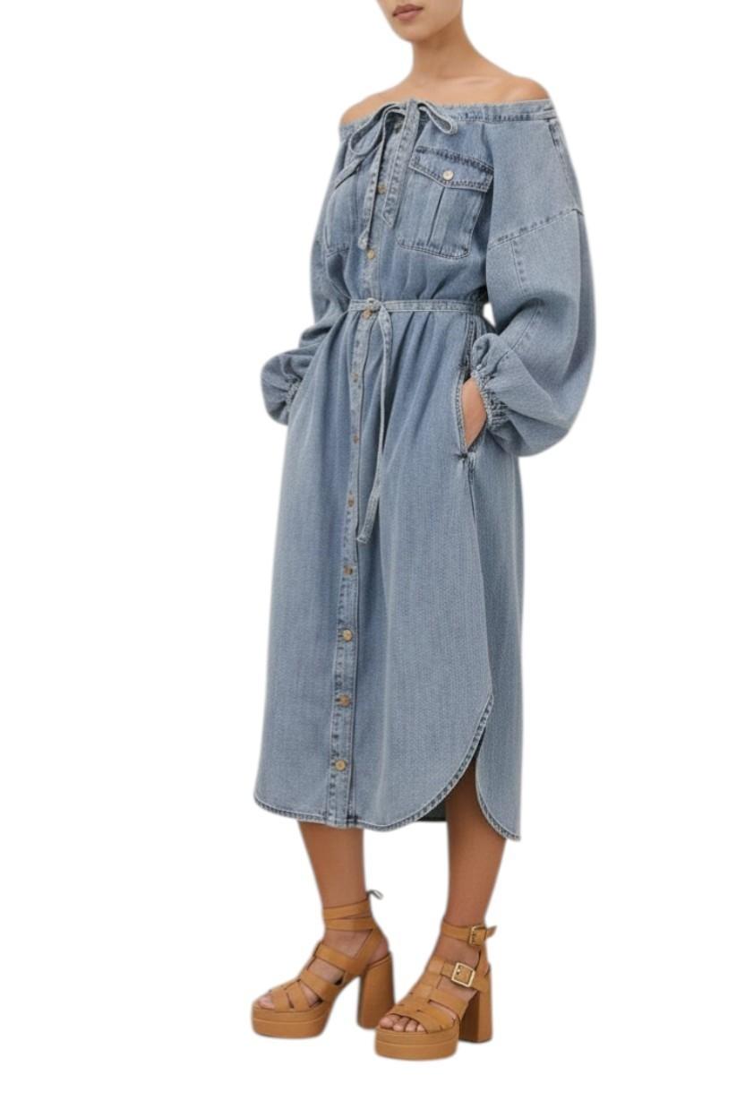 AI generated image of Denim dress worn by a person on a white background