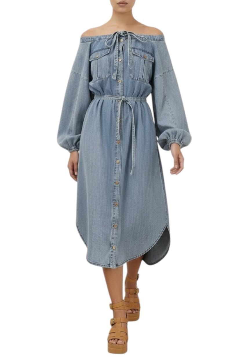 AI generated image of Denim dress with long sleeves and a tie waist on a white background