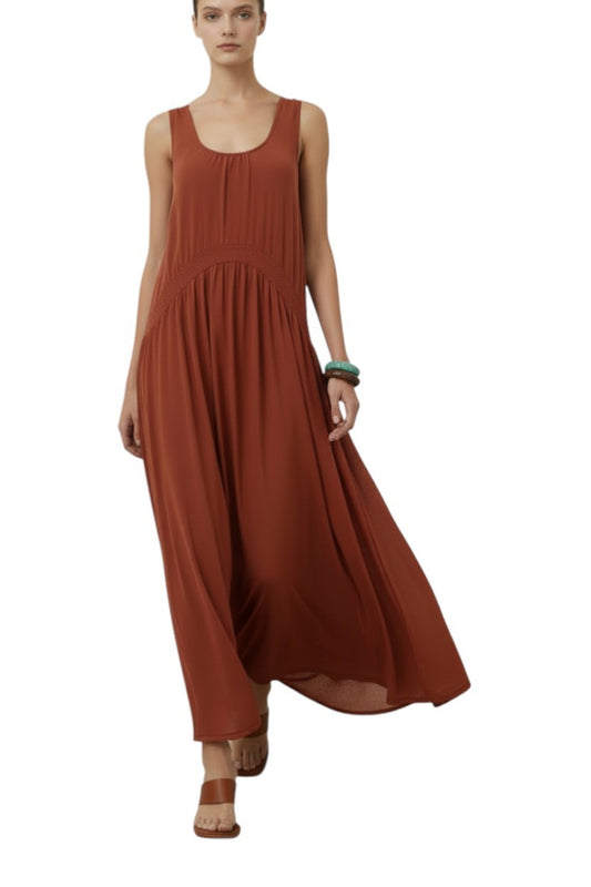AI generated image of Woman wearing a rust-colored sleeveless dress on a white background