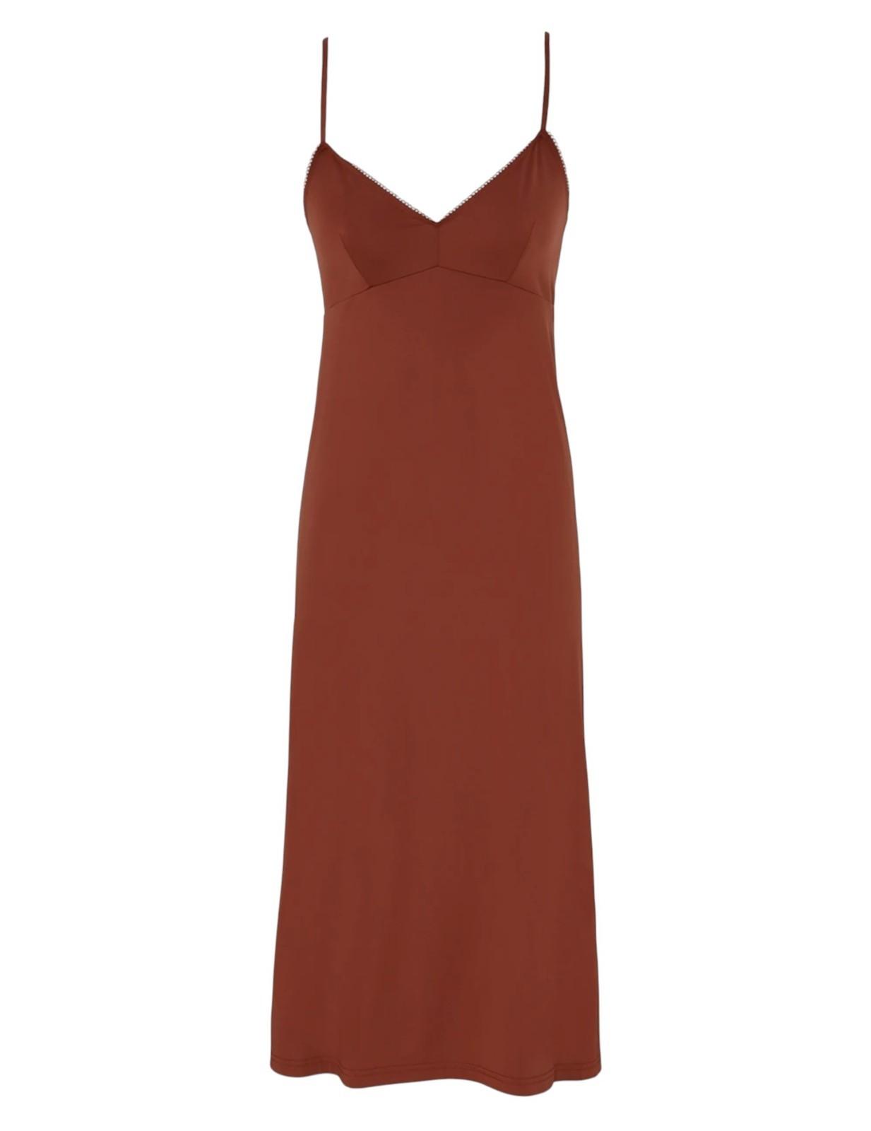 Brown slip dress on a white background
