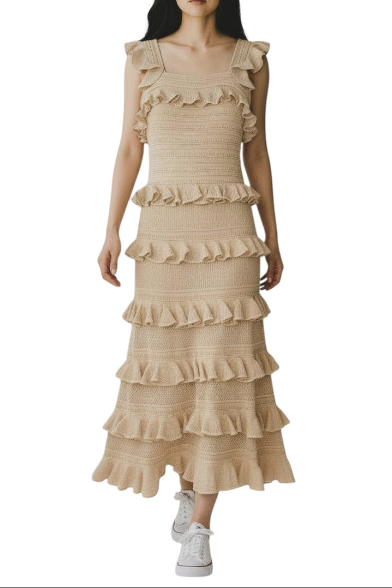 AI generated image of Woman wearing a beige ruffled dress on a white background