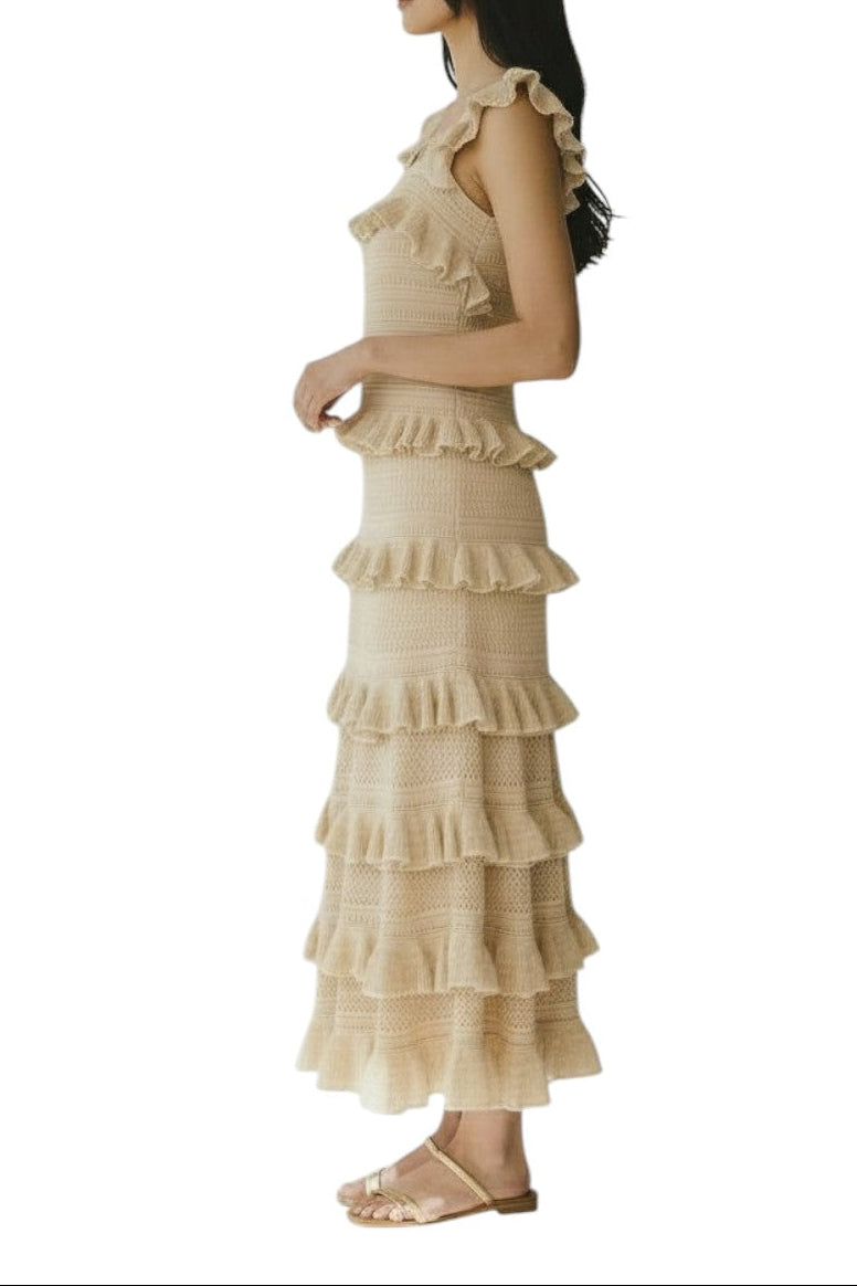 AI generated image of Woman wearing a beige ruffled dress on a white background