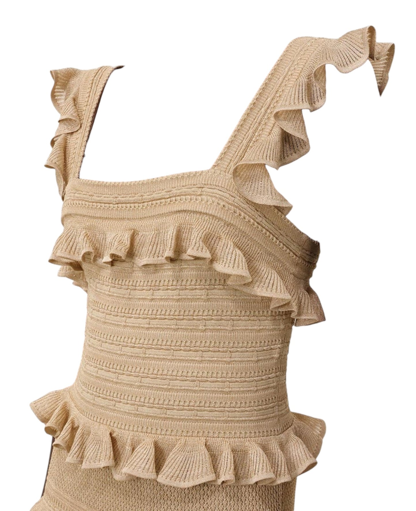 Beige knitted dress with ruffled details on a white background