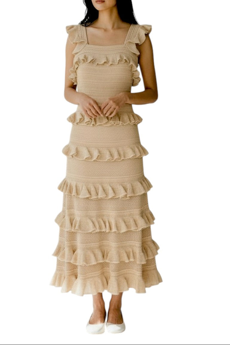 AI generated image of Woman wearing a beige ruffled dress on a white background