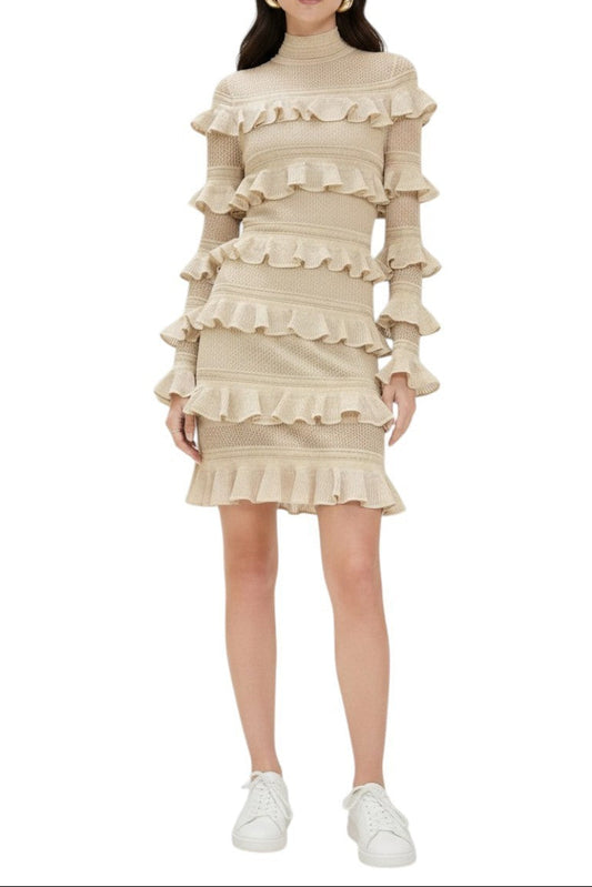 AI generated image of Woman wearing a beige ruffled dress on a white background