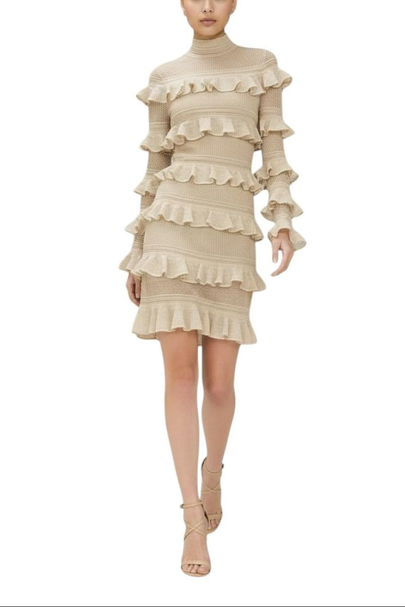 AI generated image of Woman wearing a beige ruffled dress on a white background