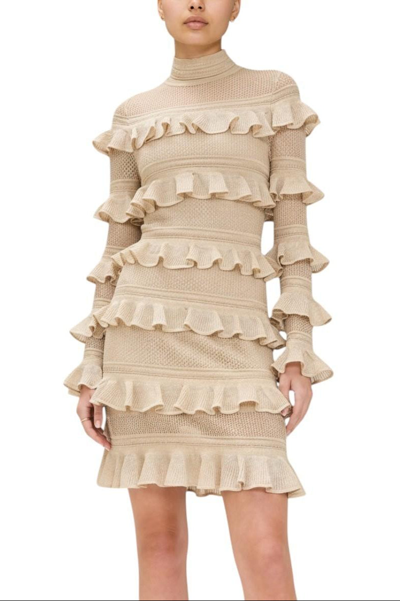 AI generated image of Beige ruffled dress worn by a model on a white background