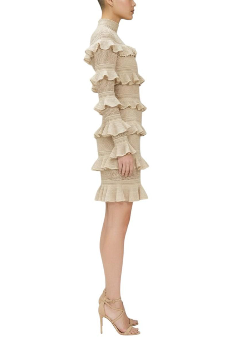 AI generated image of Beige ruffled dress worn by a model on a white background
