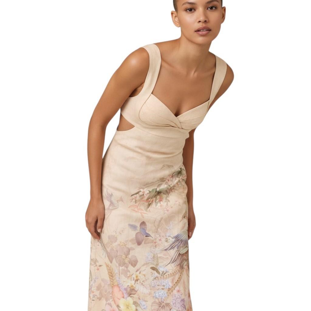 AI generated image of Woman wearing a beige dress with floral patterns on a white background