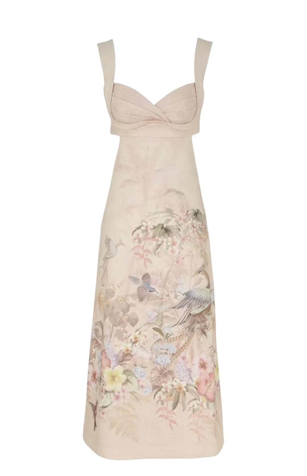 Beige dress with floral and butterfly embroidery on a white background