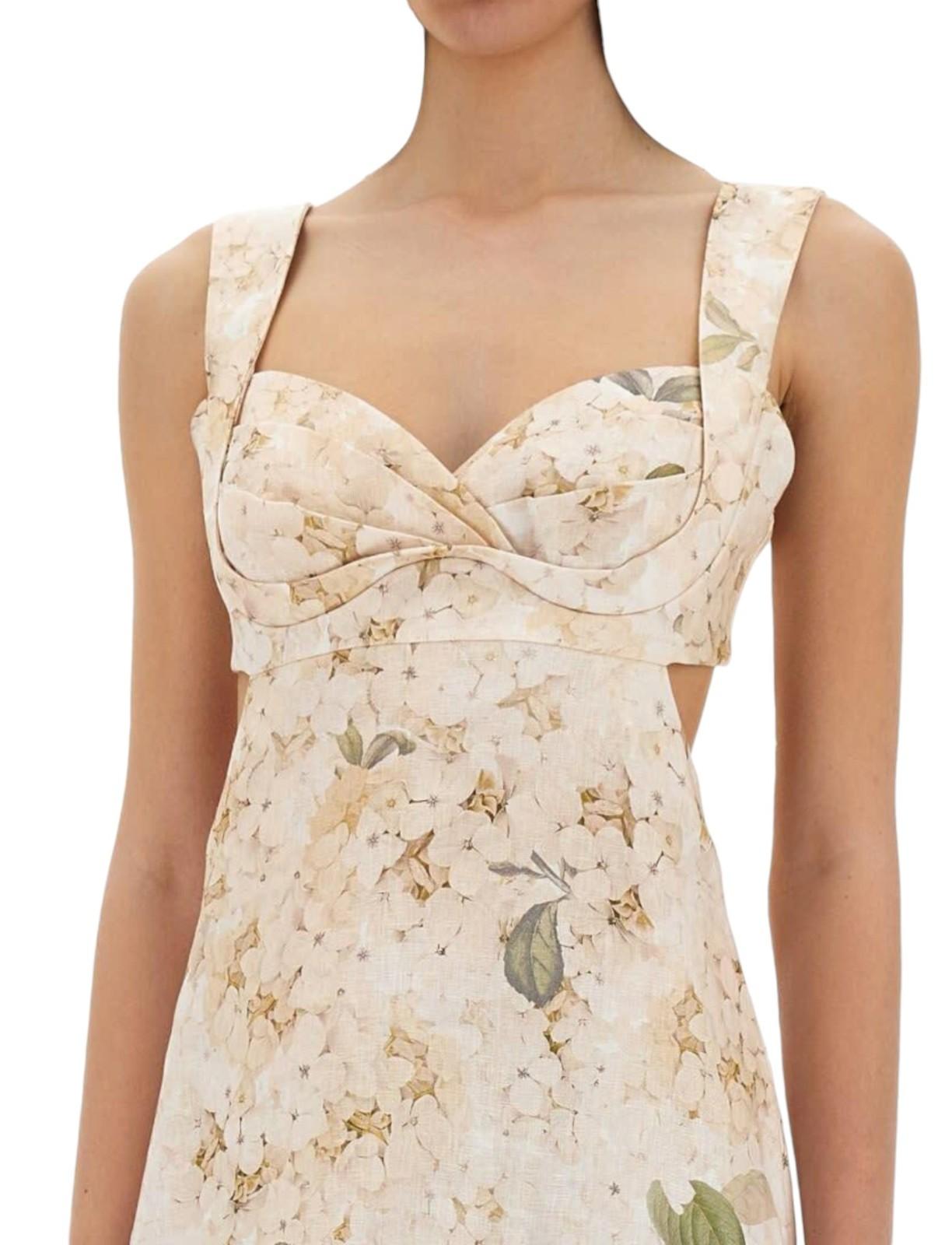 Floral dress with a neutral color palette on a white background