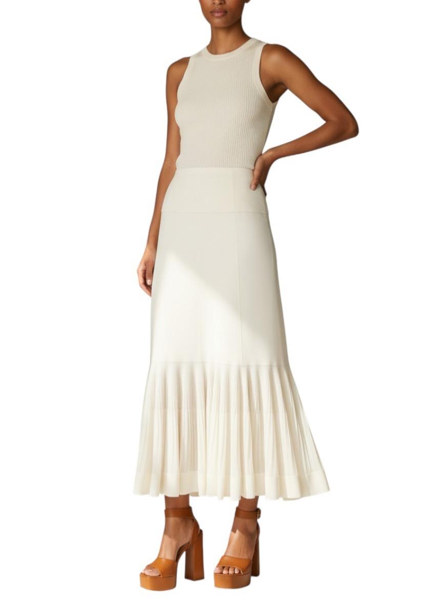 AI generated image of Woman wearing a white sleeveless dress with a pleated skirt on a white background