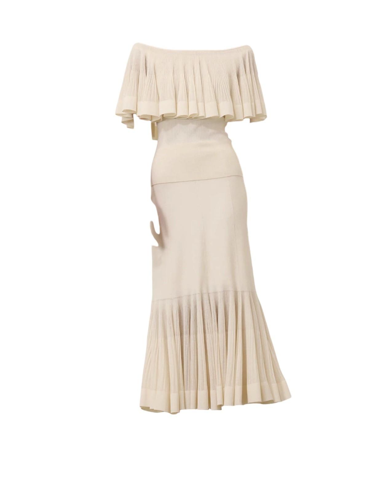 Beige off-shoulder dress with pleated details on a white background