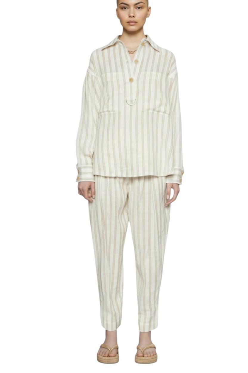 AI generated image of Person wearing a white and beige striped outfit on a white background