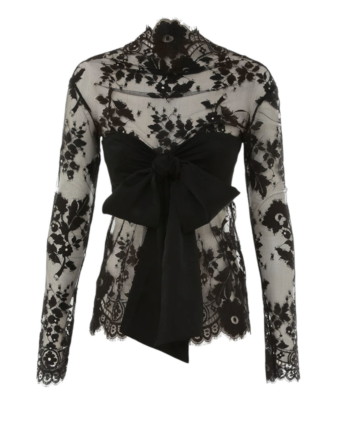 Black lace blouse with a bow on a white background