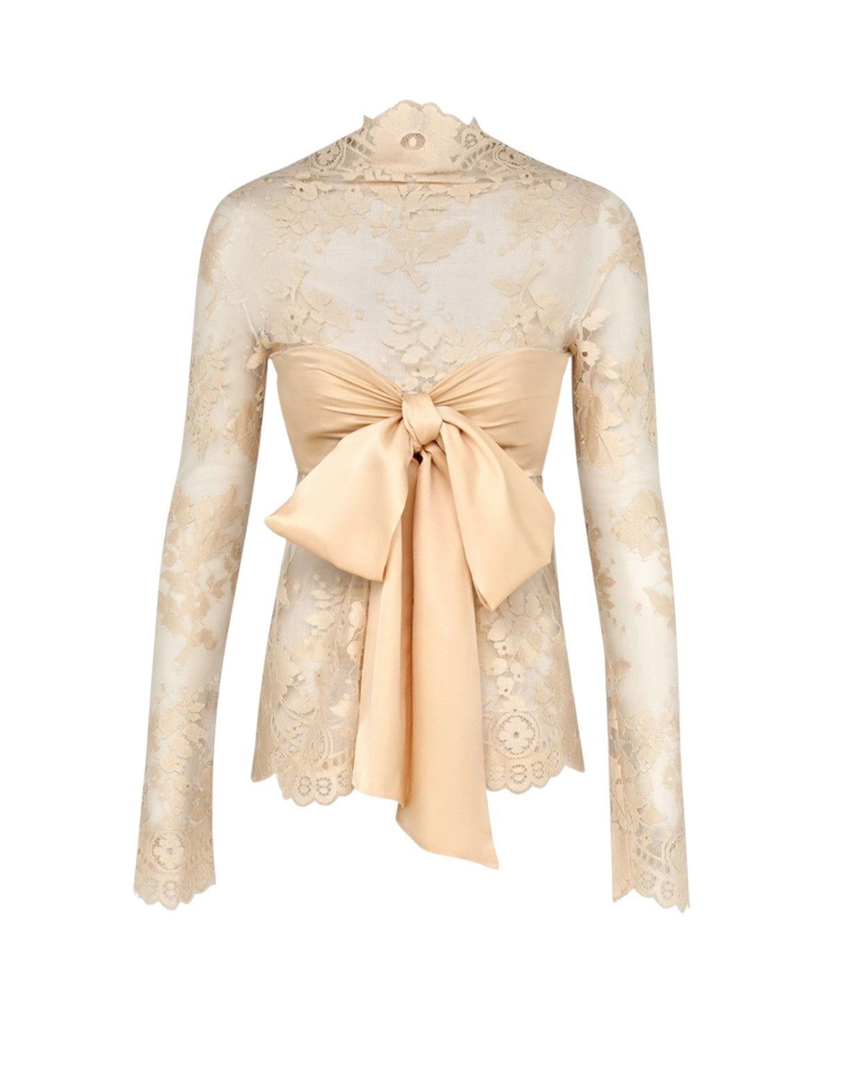 Beige lace top with a bow on a white background