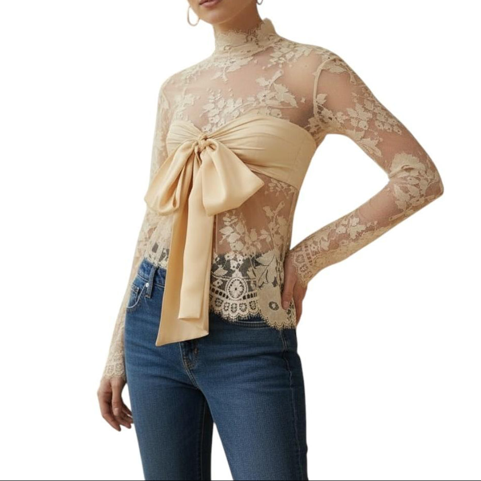 AI generated image of Woman wearing a beige lace top with a bow and blue jeans on a white background
