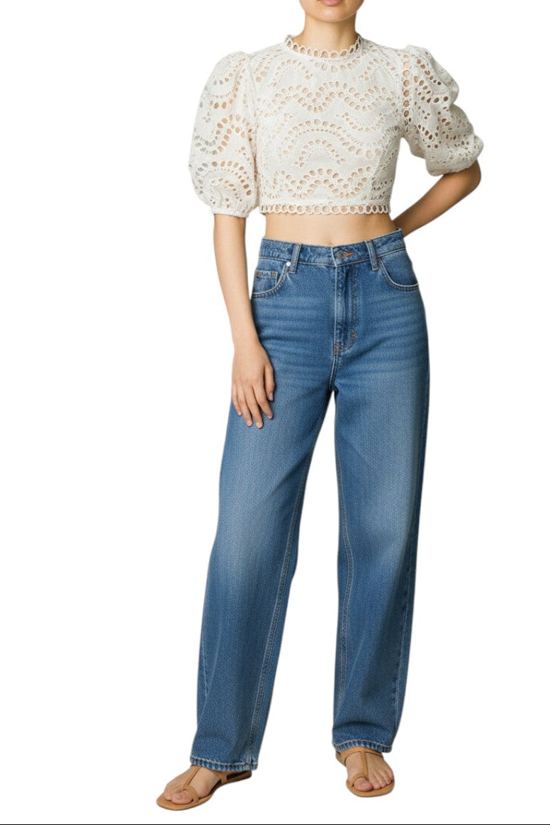 AI-generated image of Person wearing a white lace top and blue jeans on a white background