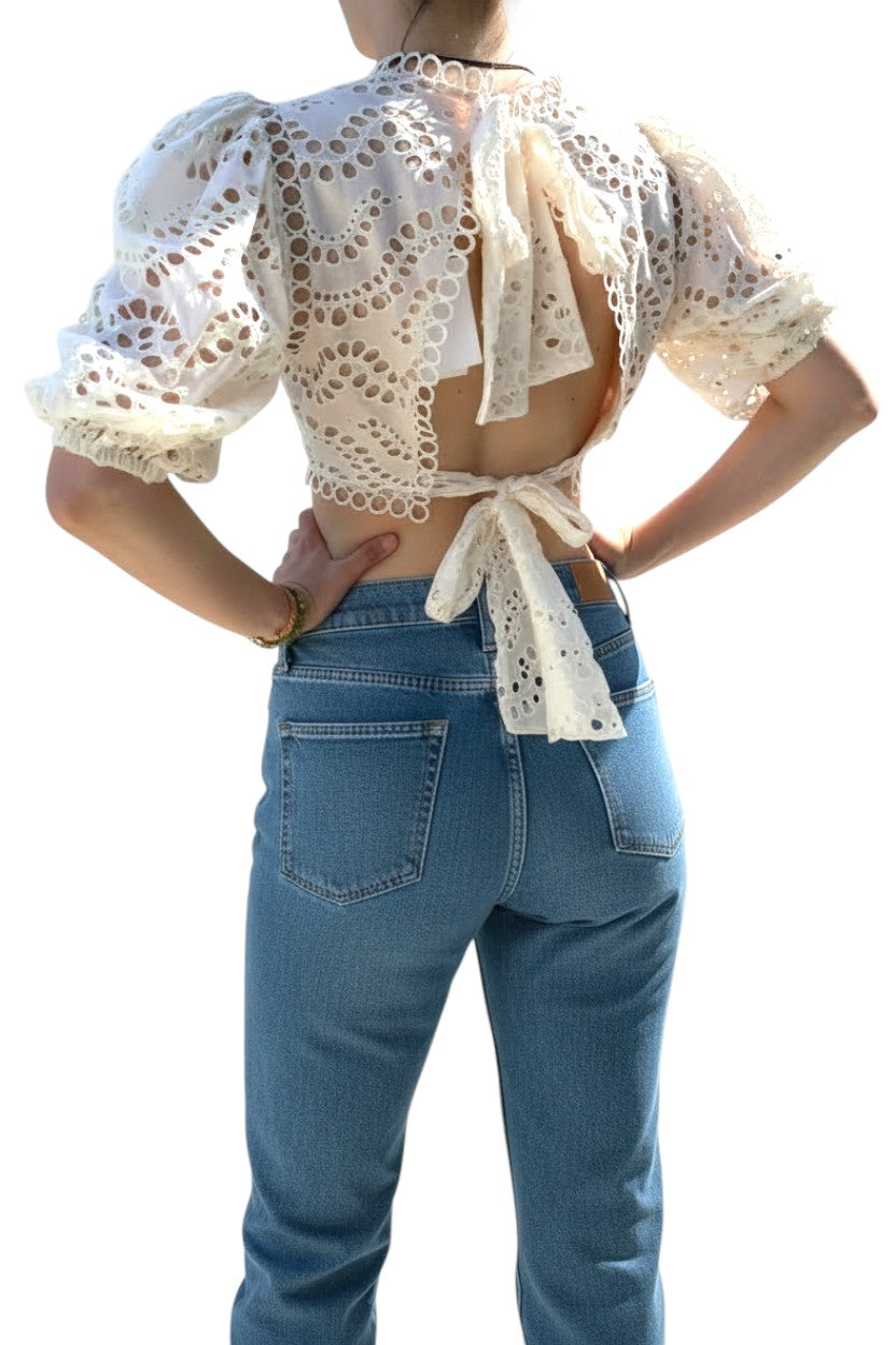 AI-generated image of Person wearing a white lace top and blue jeans on a white background