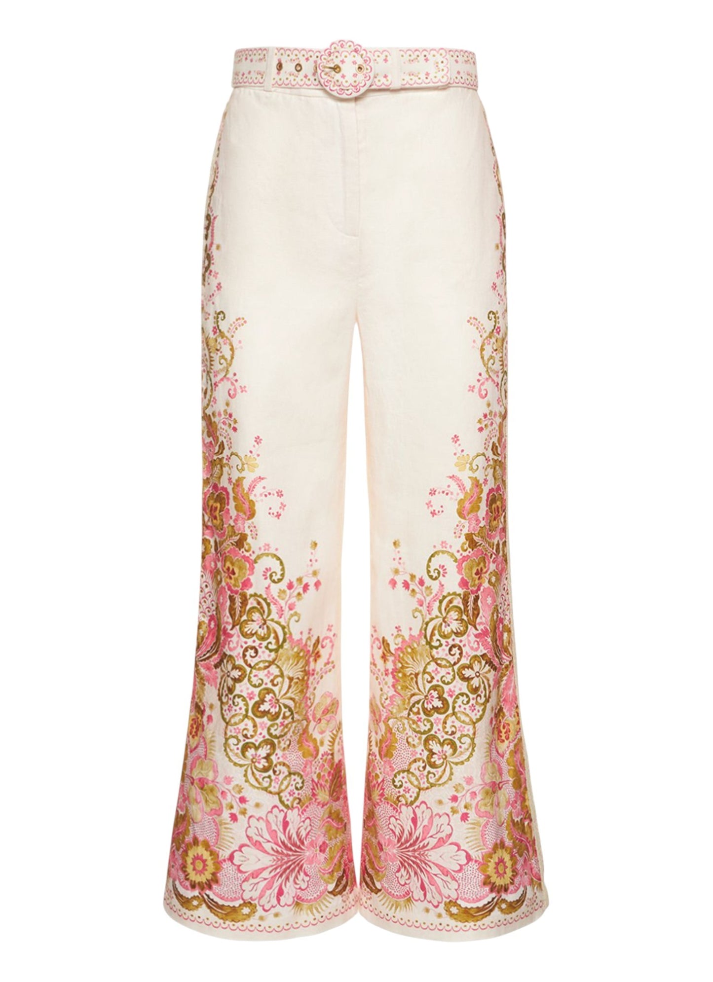 Floral-patterned pants with a belt on a white background