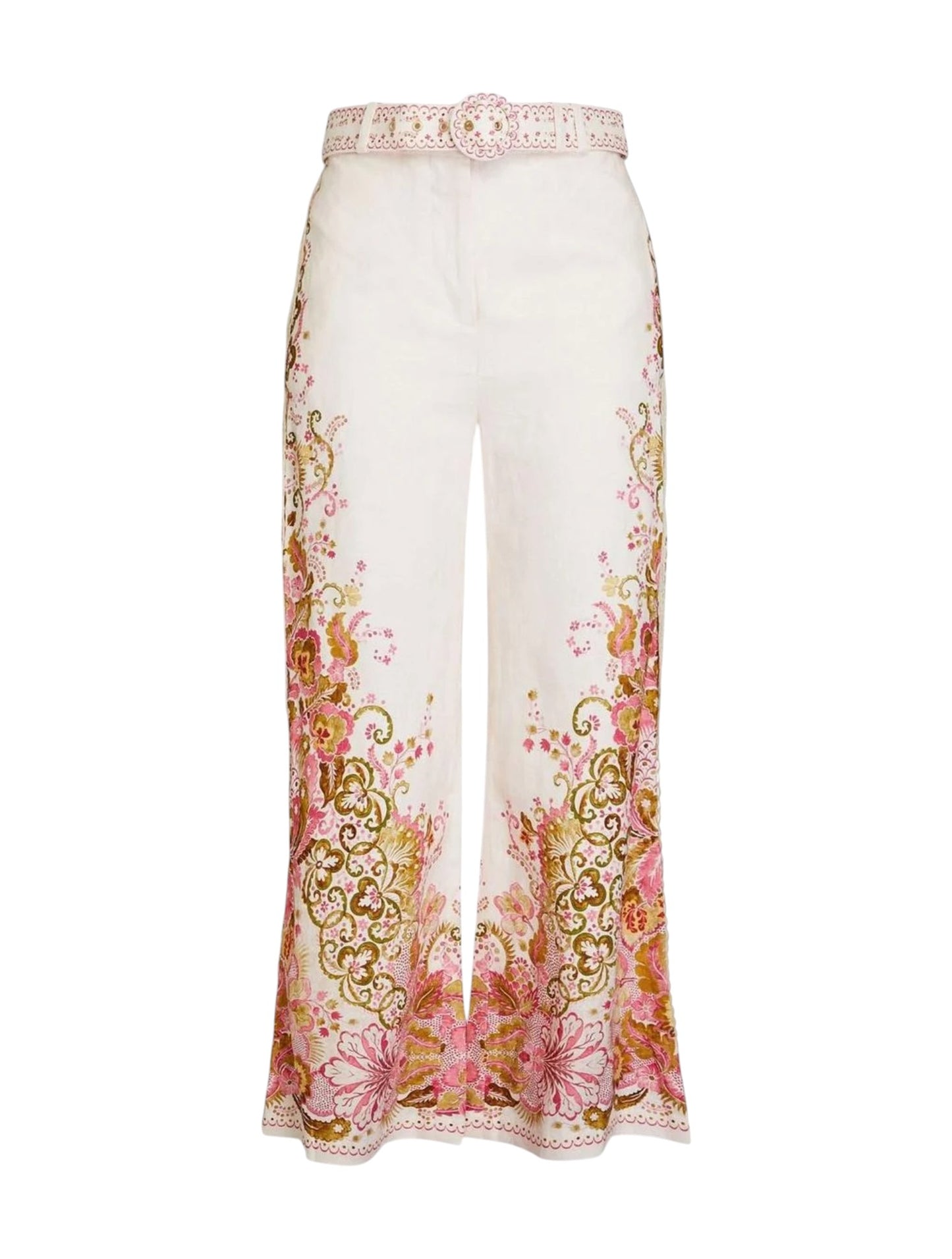 White pants with floral and gold embroidery on a white background