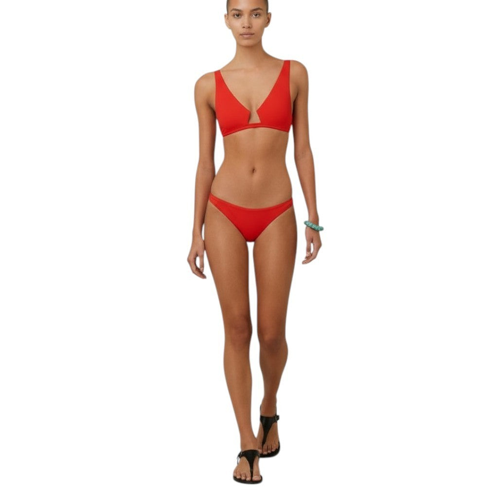 AI generated image of Woman wearing a red bikini set on a white background