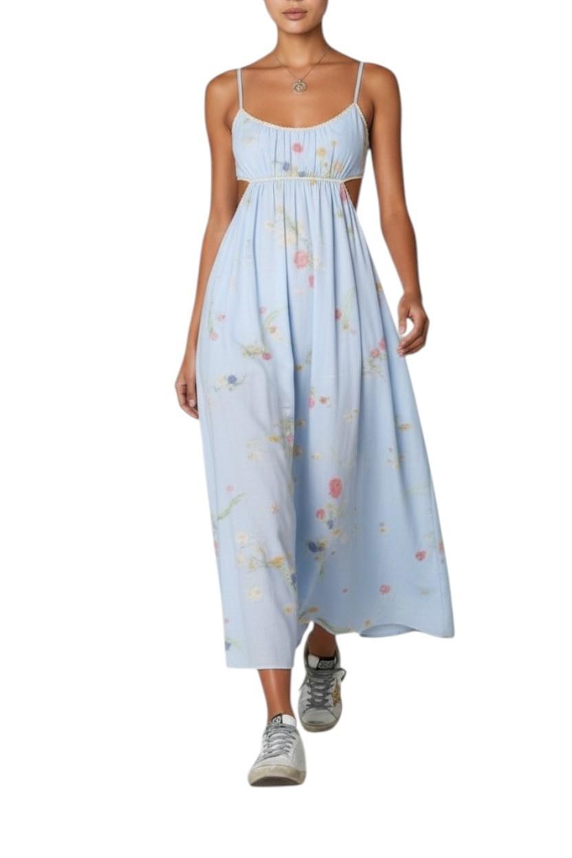 AI generated image of Woman wearing a light blue floral dress on a white background