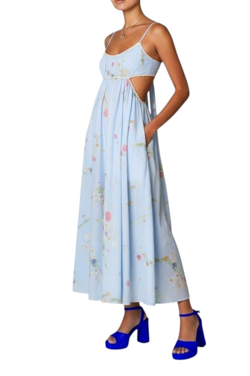 AI generated image of Light blue floral dress with cut-out design on a white background