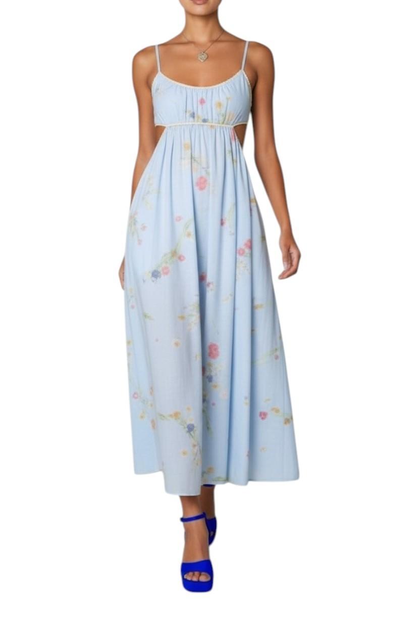 AI generated image of Light blue floral dress worn by a model on a white background