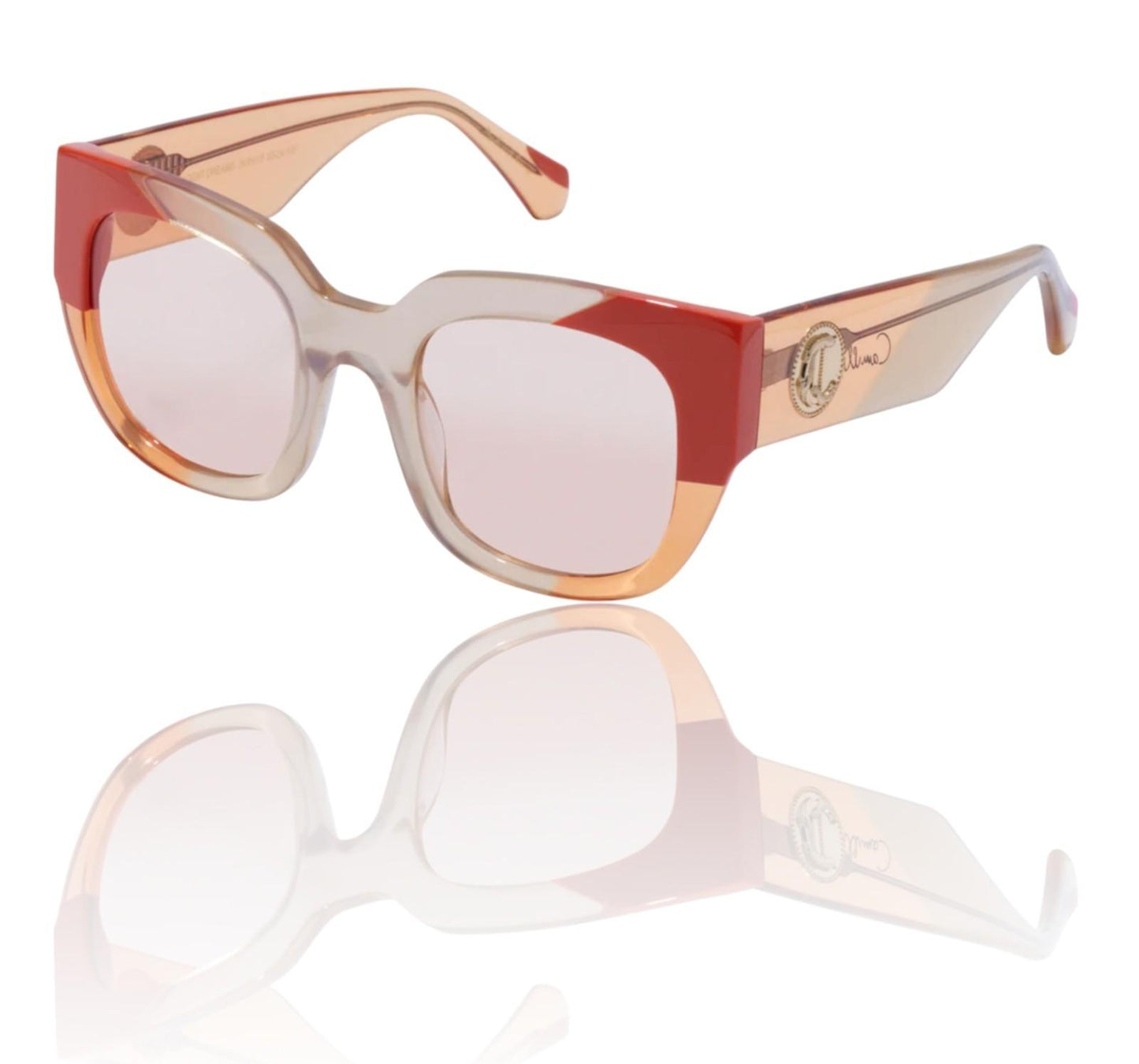 Sunglasses with red and beige frame on a white background