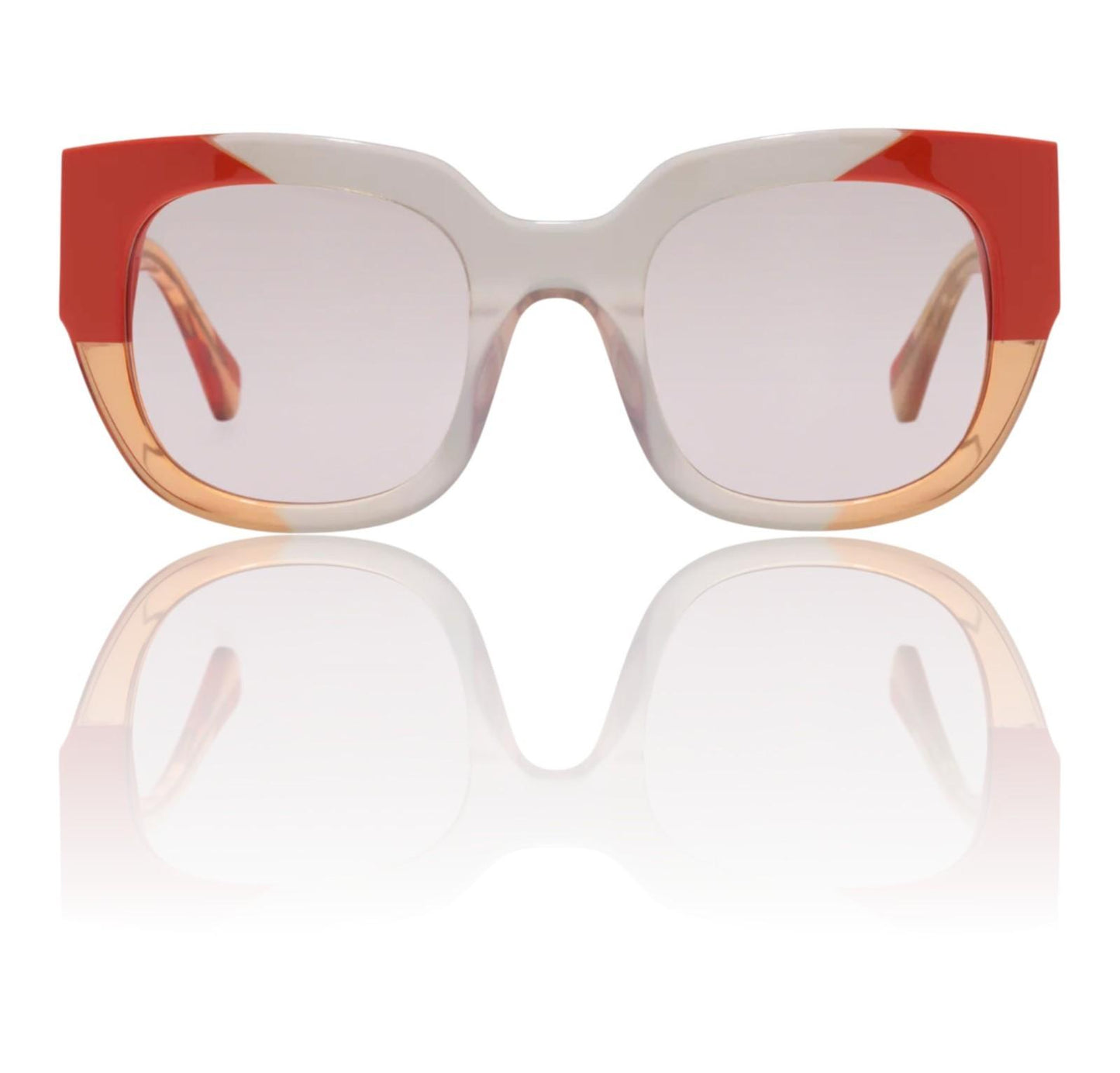 Sunglasses with red and beige frame on a white background