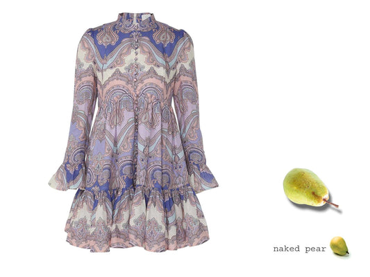Patterned dress with a pear on a white background