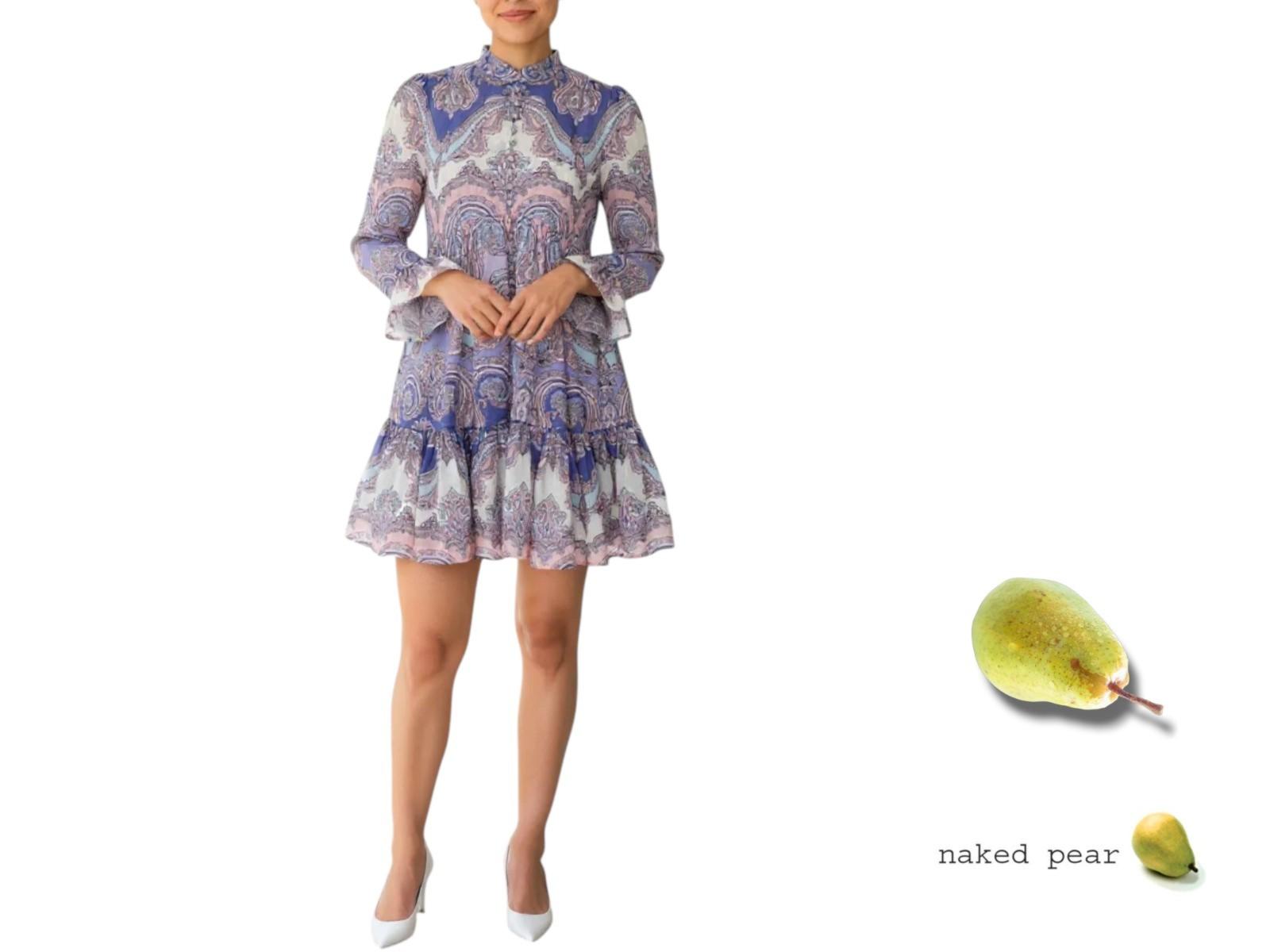 AI generated image of Woman wearing a patterned dress with a pear graphic and 'naked pear' text on a white background