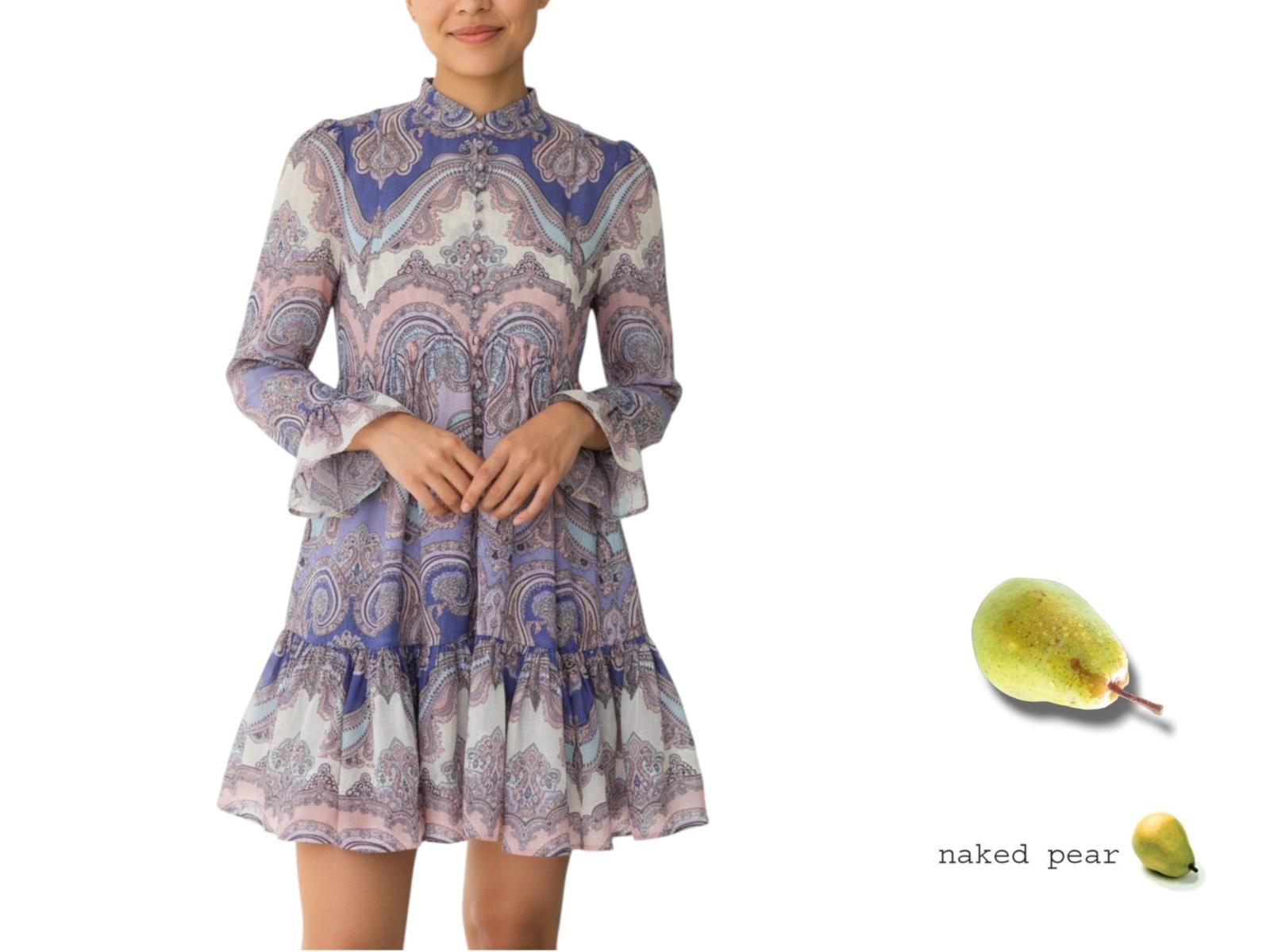 AI generated image of Woman wearing a patterned dress with a pear graphic on a white background